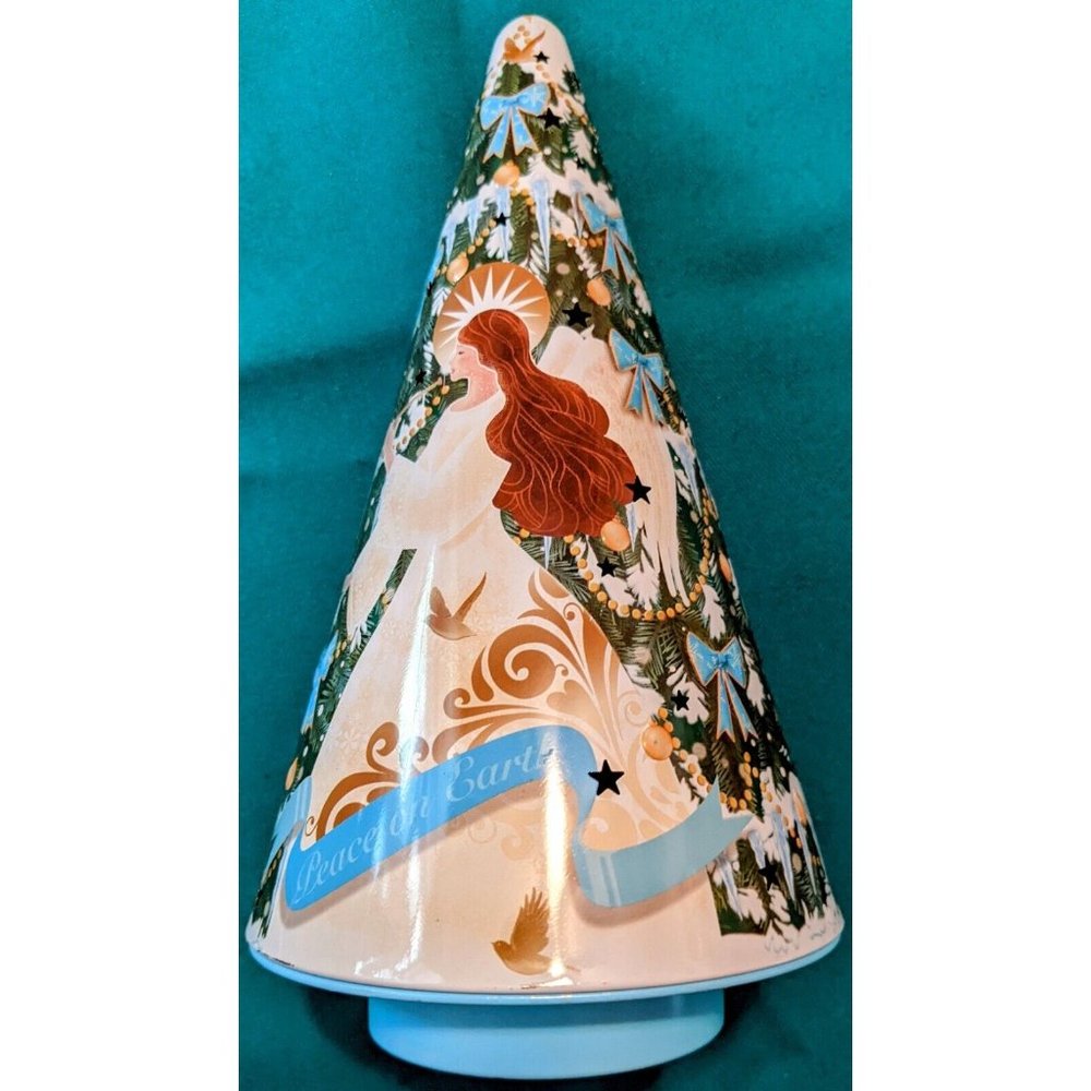 Vtg Cheryl's Peace on Earth Tin 8" Christmas Tree Tealight Candle Holder Angel